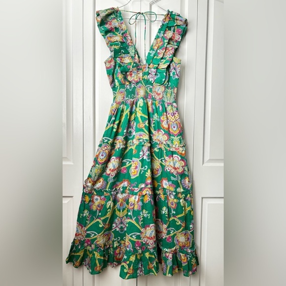 Caroline Constas Dresses & Skirts - Caroline Constas Green Tiered Ruffle Sleeve Paisley Floral Cotton Sundress